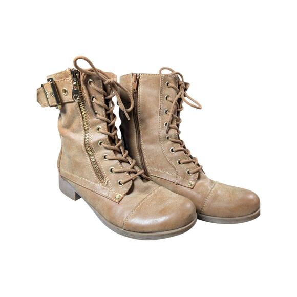G By Guess Berlyn Women's Tan Combat Boot Sz 8 Lace and Zip Up Gorpcore Gold Zip - Picture 4 of 10